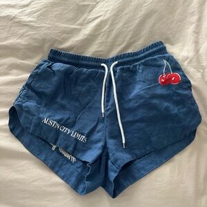 Brandon Maxwell Blue Athletic Shorts with Cherry Detail